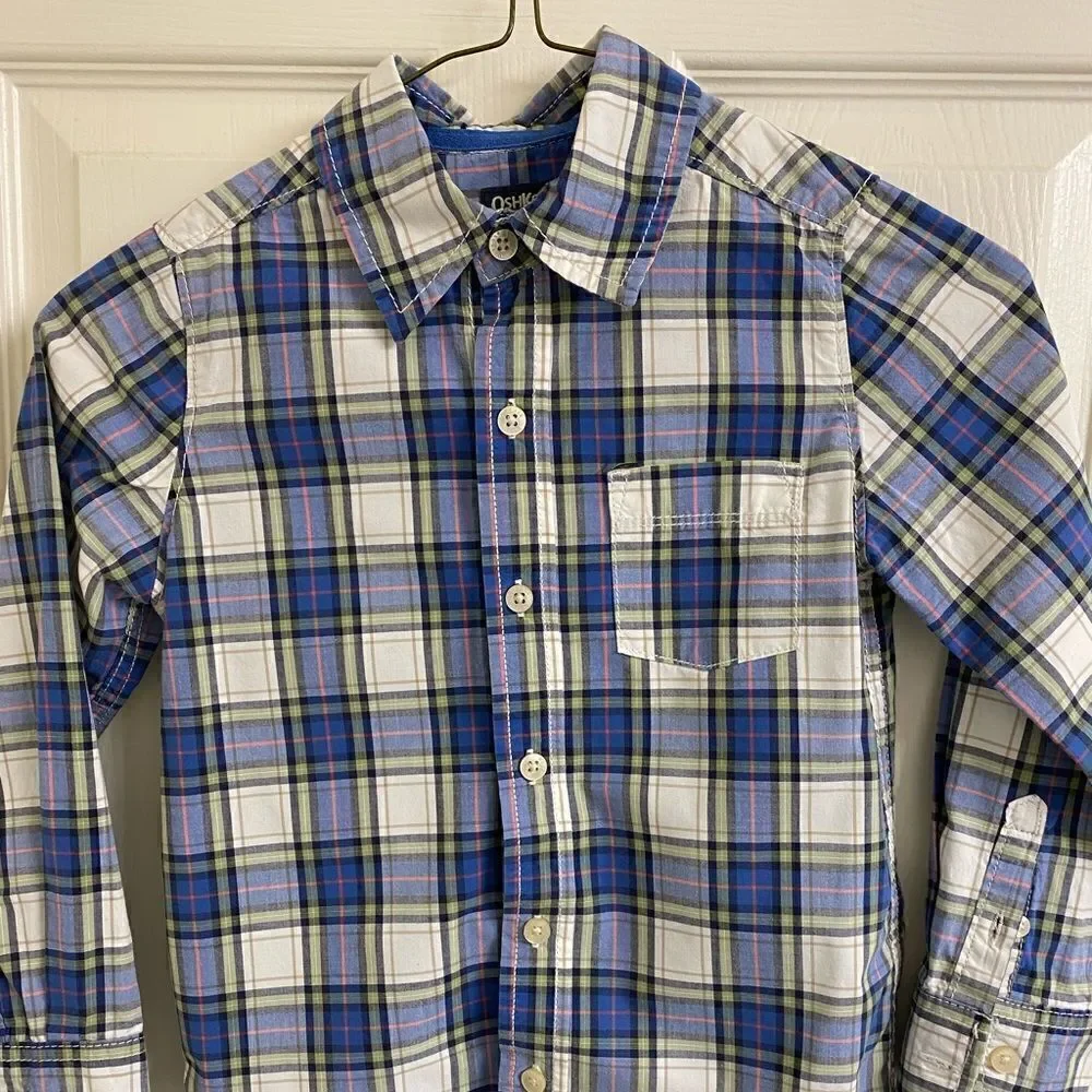 Boys Button Plaid Casual Dress Shirt, Oshkosh B’Gosh, Front Pocket, Long Sleeve